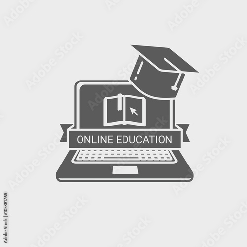 Online education logo,sign or label design concept with laptop, book, and mortar board. Design element on white background