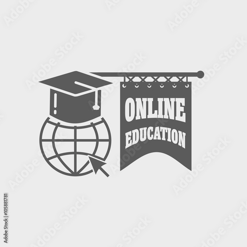 Online education logo , label or badge concept on white background with earth globe and mortar board