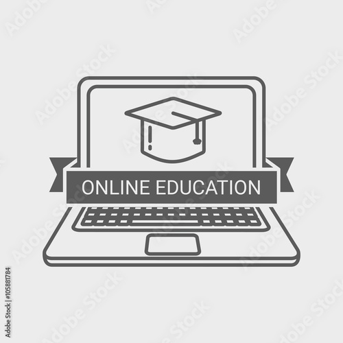 Online education logo, label or badge template with laptop and  mortar board