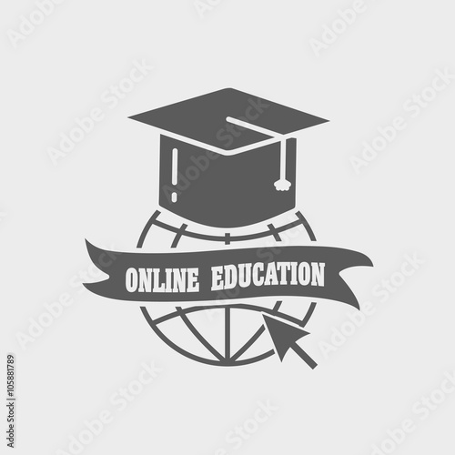 Online education logo, label or badge concept. Earth globe and mortar board on white background