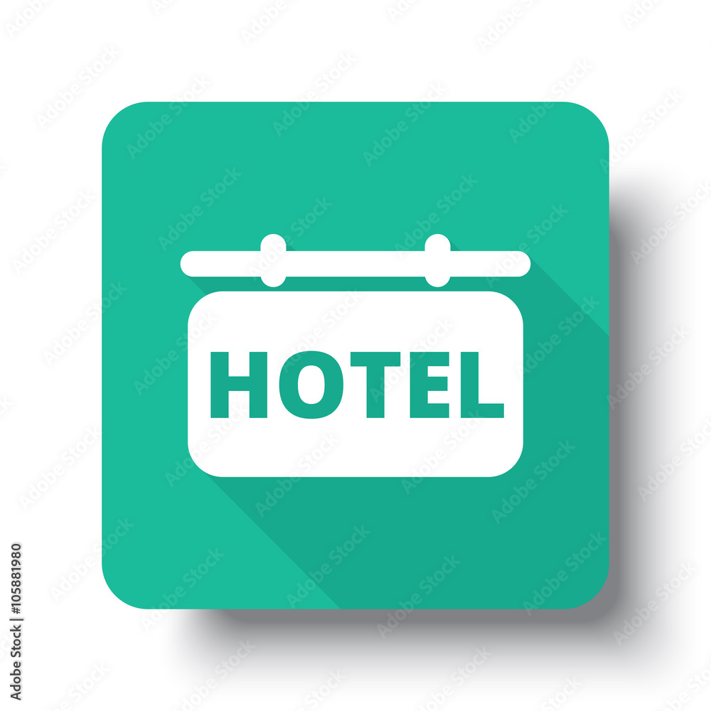 Flat white Hotel Sign web icon on green button with drop shadow Flat white Hotel Sign web icon on green button with drop shadow