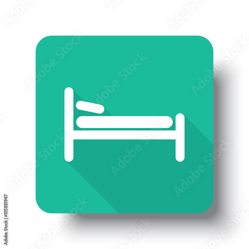 Flat white Bed web icon on green button with drop shadow