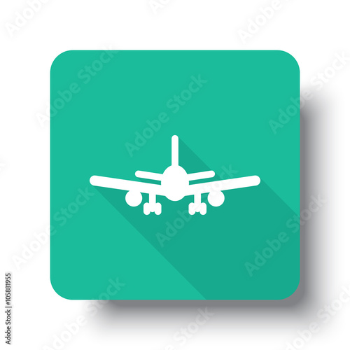 Flat white Airplane web icon on green button with drop shadow