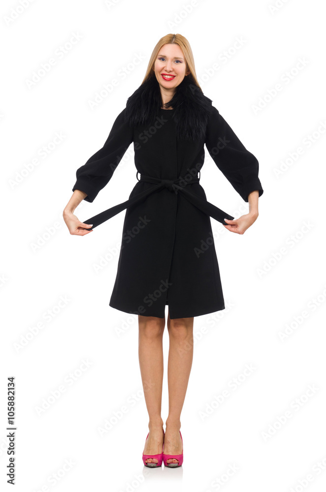 Pretty blond woman in black coat isolated on white Pretty blond woman in black coat isolated on white