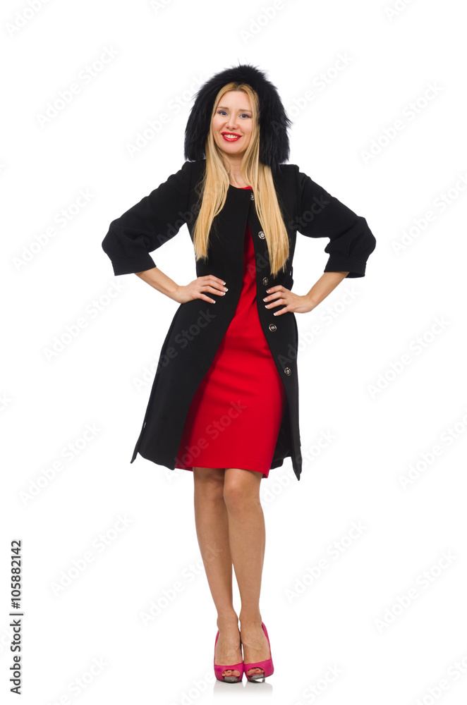 Pretty blond woman in black coat isolated on white Pretty blond woman in black coat isolated on white