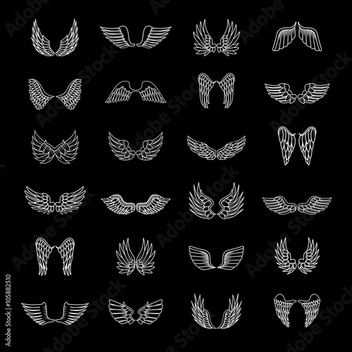 Wings Icons Set-Isolated On Black Background-Vector Illustration,Graphic Design.For Web, Websites, App, Print, Presentation Templates, Mobile Applications And Promotional Materials