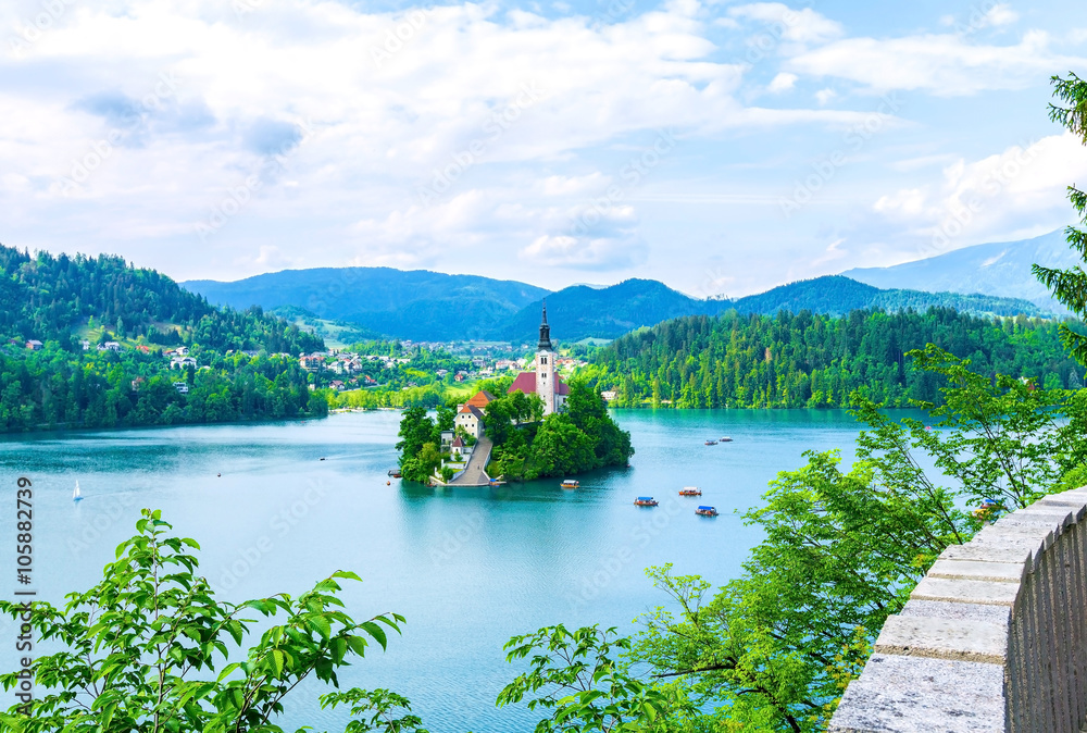 Beautiful island Bled in spring time surrounded by alps, Slovenia, Europe 