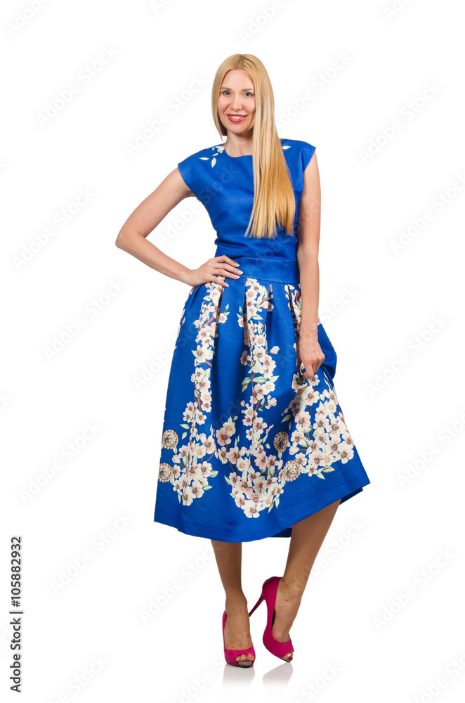 Woman in long blue folral dress isolated on white Woman in long blue folral dress isolated on white