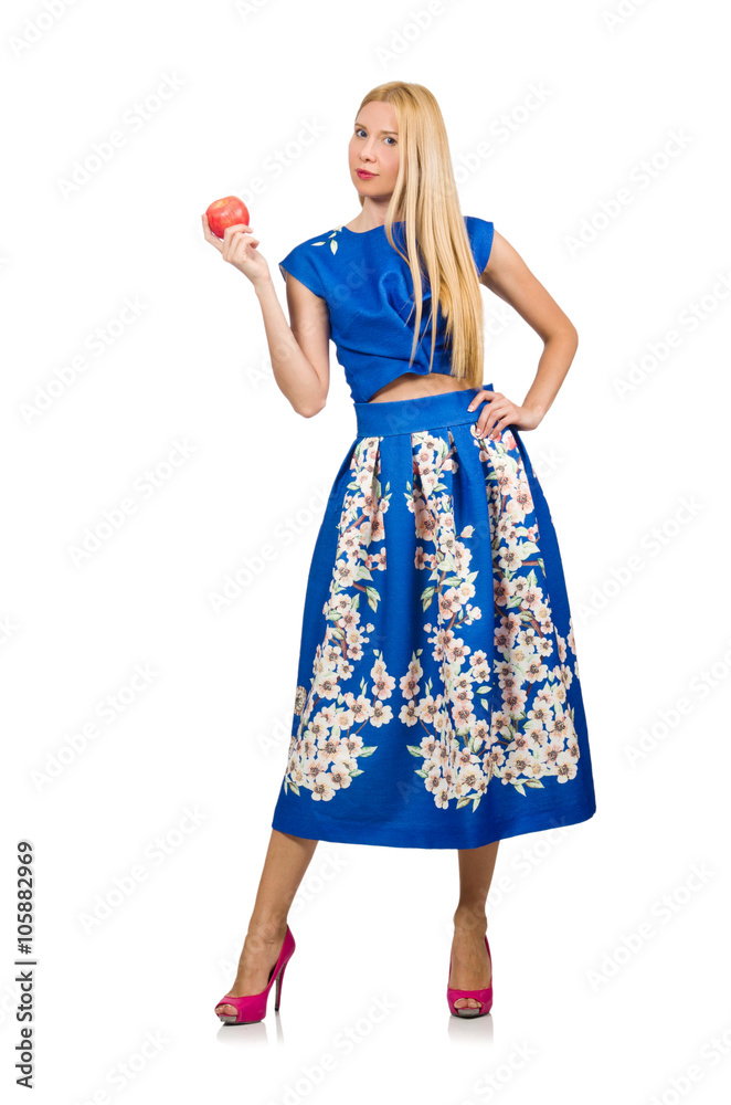 Woman in long blue folral dress isolated on white Woman in long blue folral dress isolated on white