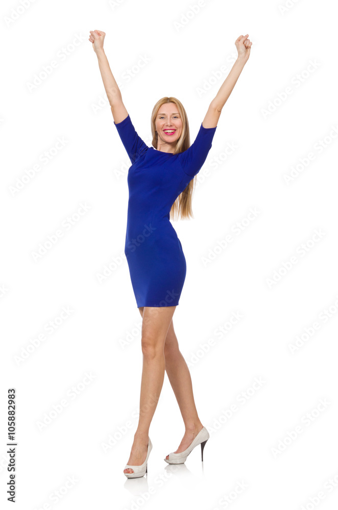 Pretty caucasian girl in blue dress isolated on white