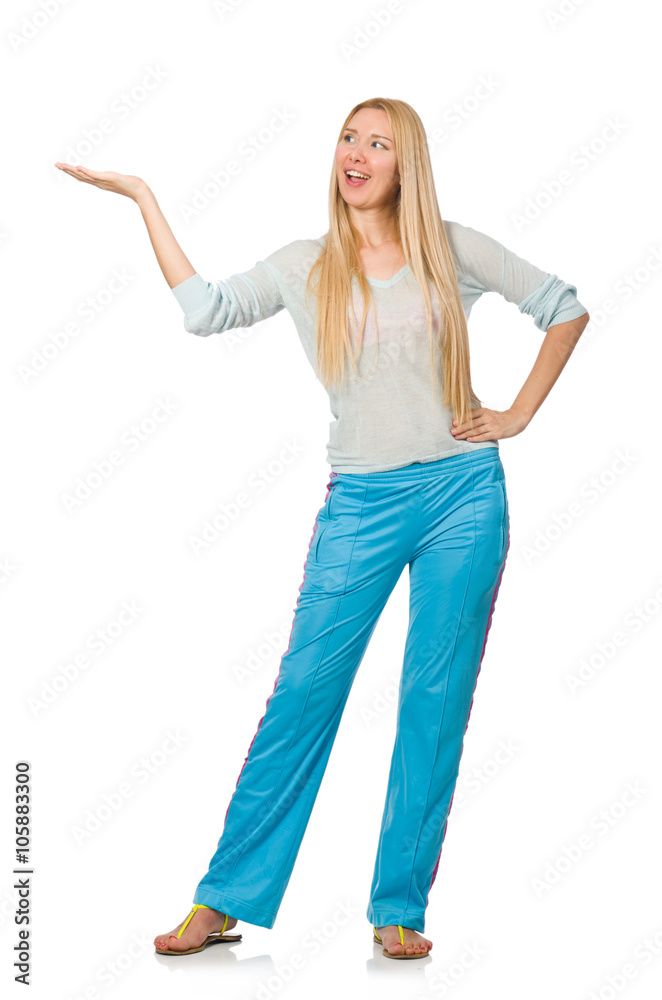 Young woman wearing blue training pants isolated on white Young woman wearing blue training pants isolated on white