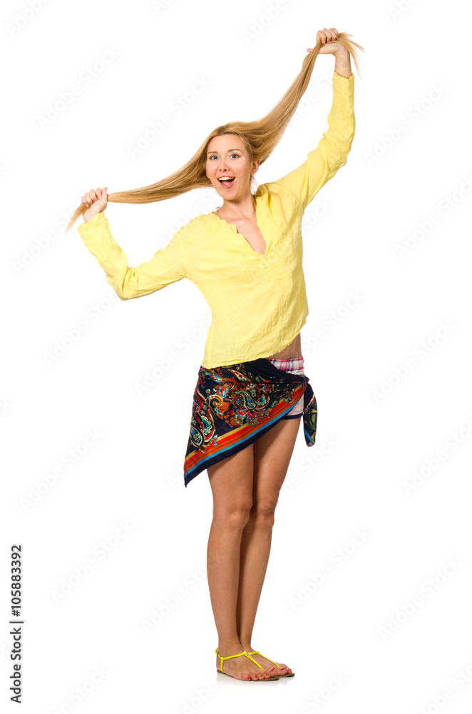 Tall caucasian model in yellow blouse isolated on white Tall caucasian model in yellow blouse isolated on white