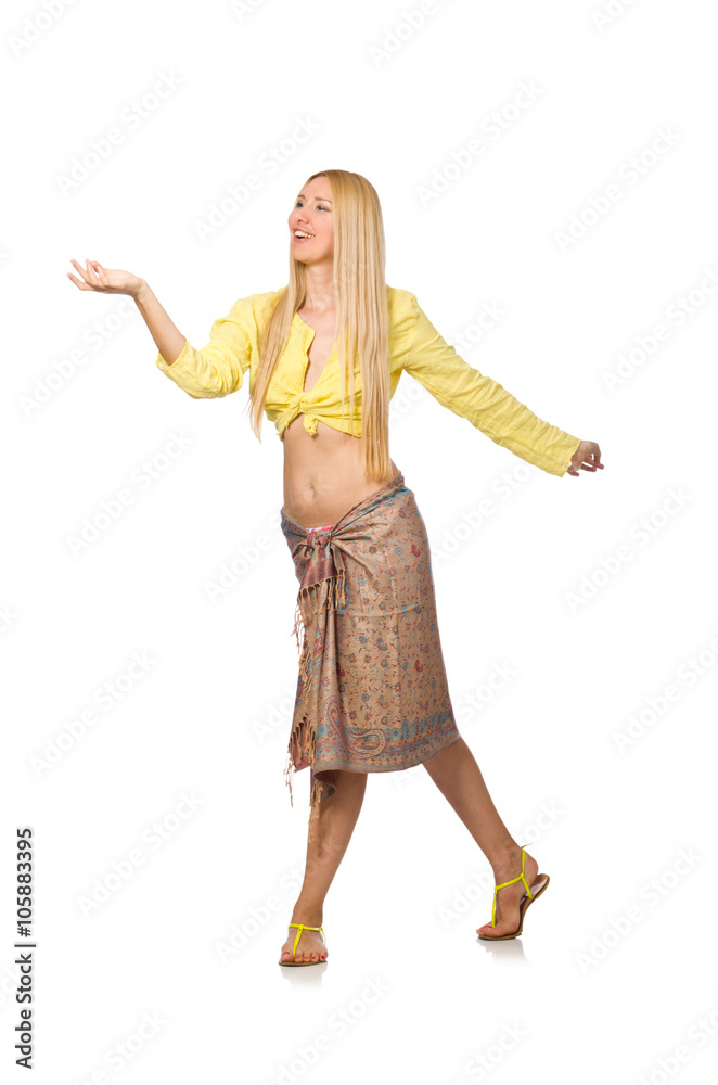 Caucasian model wearing yellow blouse with skirt isolated on whi Caucasian model wearing yellow blouse with skirt isolated on whi