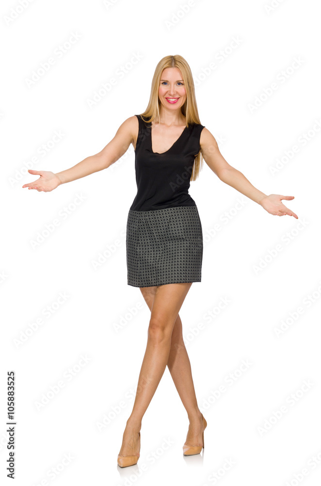 Blond hair model wearing gray skirt isolated on white Blond hair model wearing gray skirt isolated on white