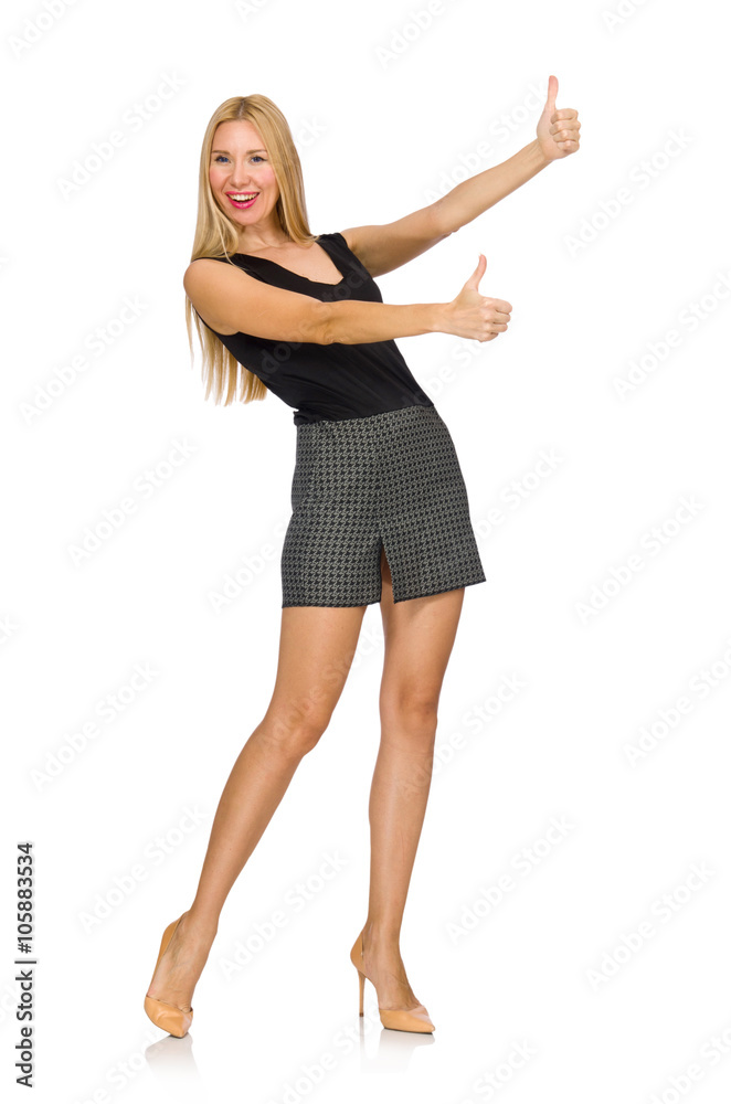Blond hair model wearing gray skirt isolated on white Blond hair model wearing gray skirt isolated on white