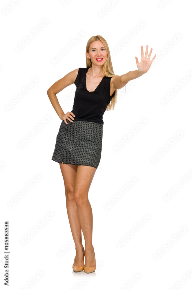 Blond hair model wearing gray skirt isolated on white Blond hair model wearing gray skirt isolated on white