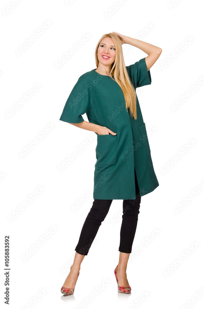 Woman in green coat isolated on white Woman in green coat isolated on white