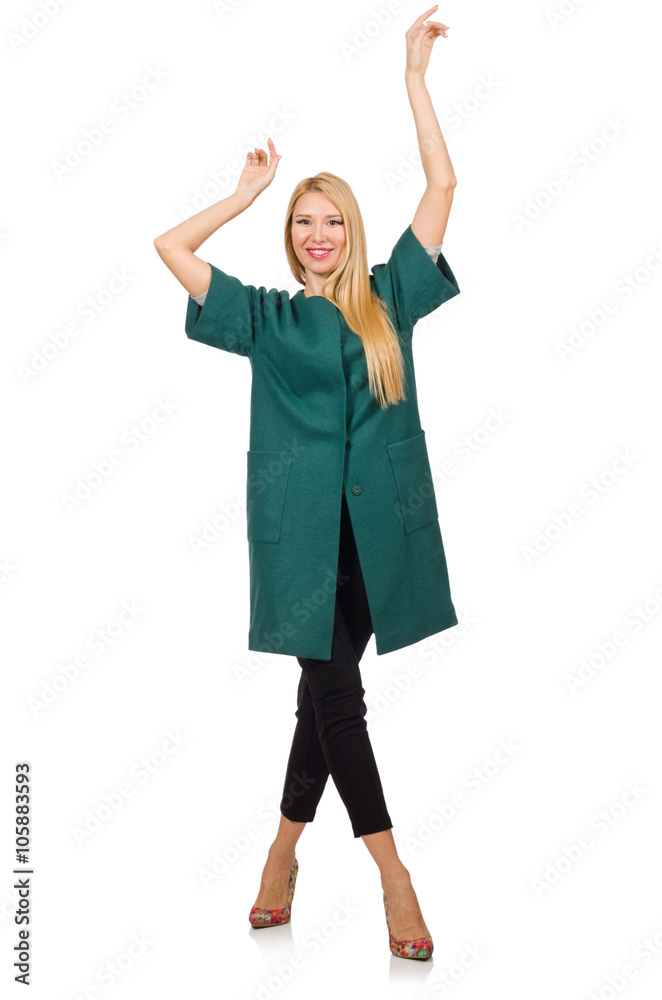 Woman in green coat isolated on white Woman in green coat isolated on white