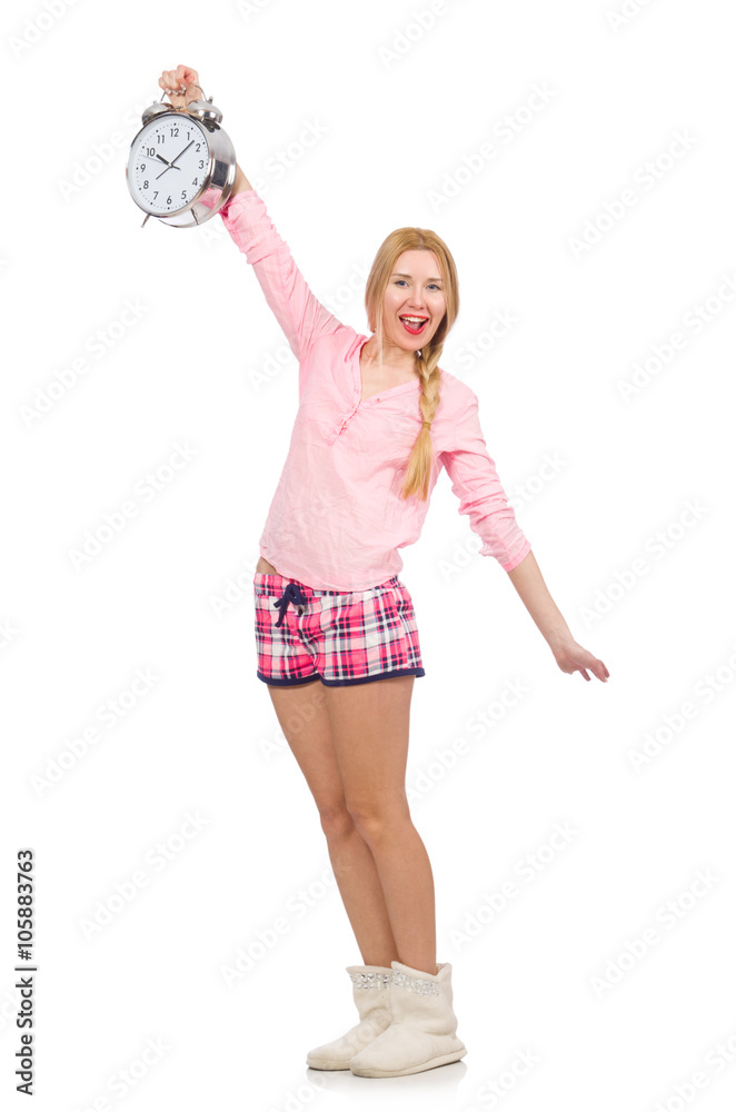 Pretty blondie girl holding alarm-clock isolated on white Pretty blondie girl holding alarm-clock isolated on white
