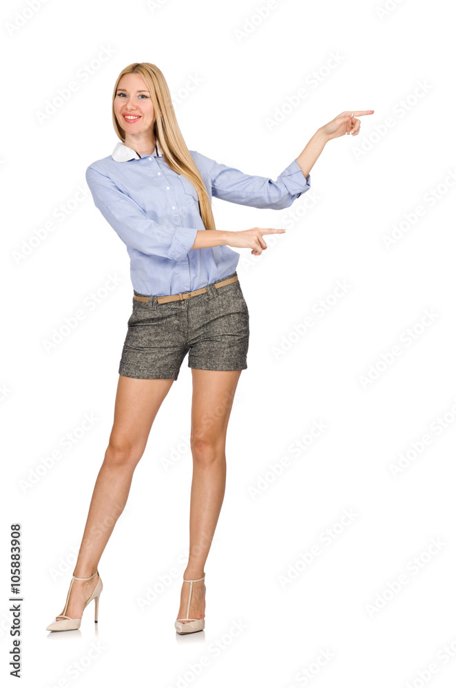 Blondie girl in gray tweed shorts isolated on white Blondie girl in gray tweed shorts isolated on white
