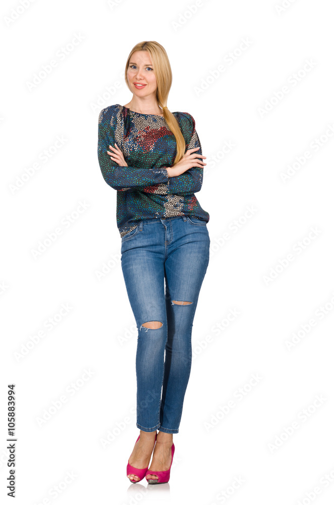Tall blond hair model posing in blue jeans isolated on white Tall blond hair model posing in blue jeans isolated on white