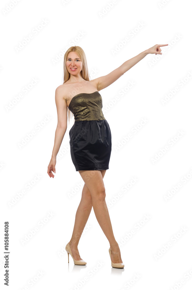 Model in strapless elegant dress isoalted on white Model in strapless elegant dress isoalted on white