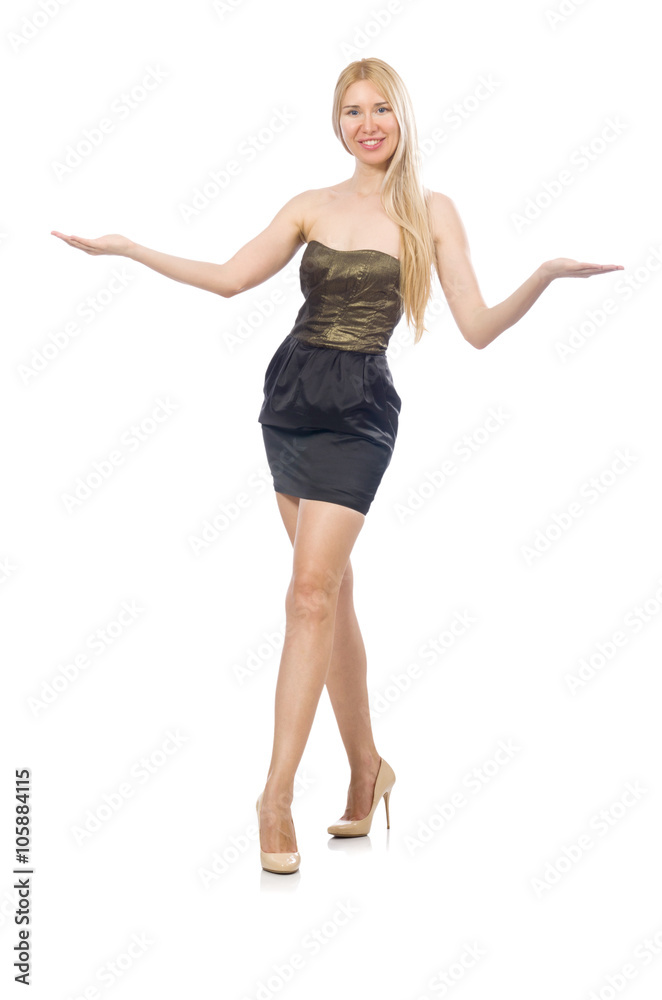Model in strapless elegant dress isoalted on white Model in strapless elegant dress isoalted on white