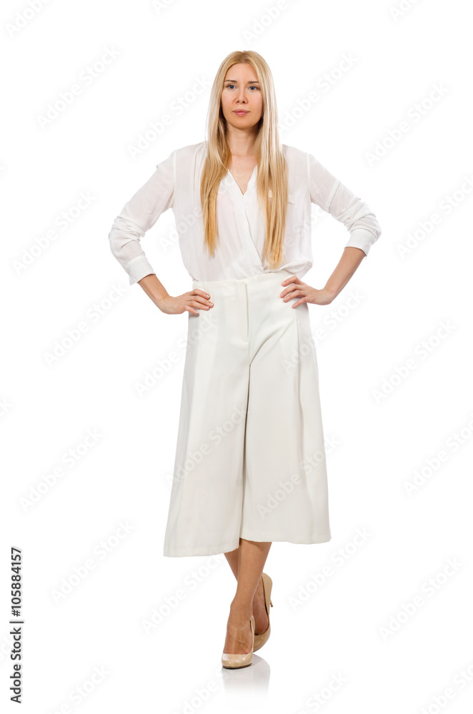 Blond hair model in elegant flared pants isolated on white Blond hair model in elegant flared pants isolated on white