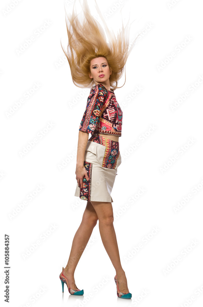 Pretty model in clothes with carpet prints isolated on white Pretty model in clothes with carpet prints isolated on white