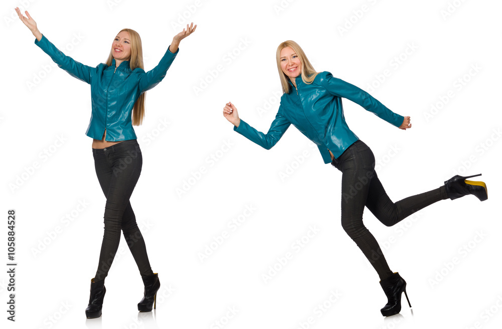 Pretty woman in blue leather jacket isolated on white Pretty woman in blue leather jacket isolated on white