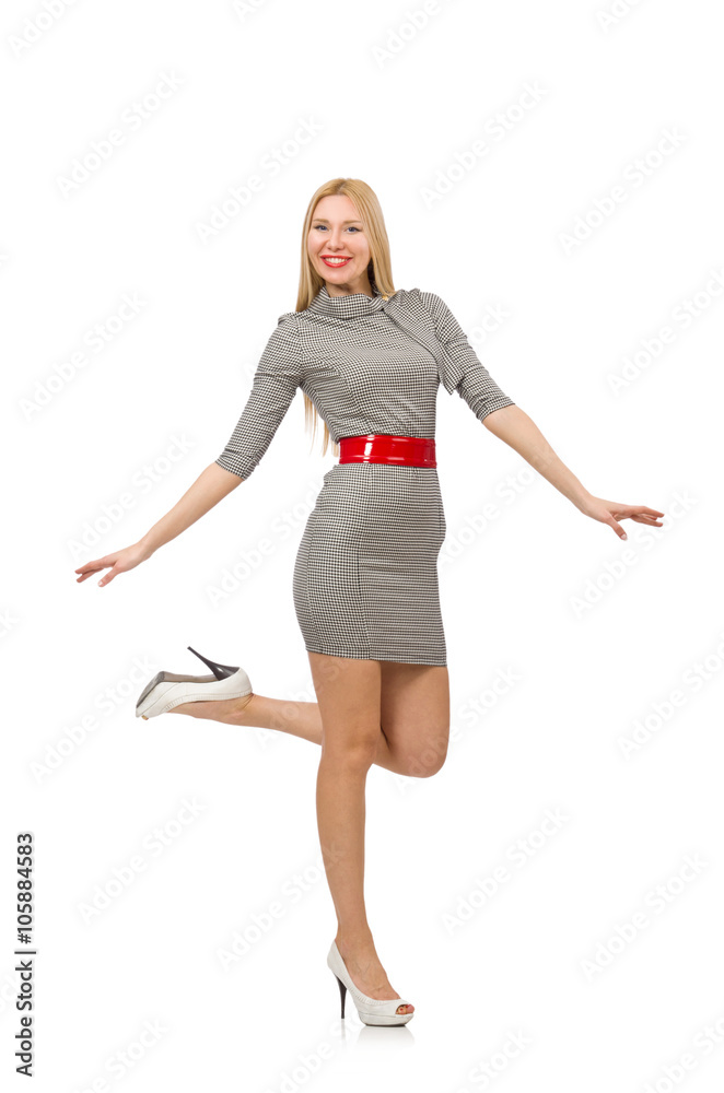 Pretty young woman in gray dress isolated on white Pretty young woman in gray dress isolated on white