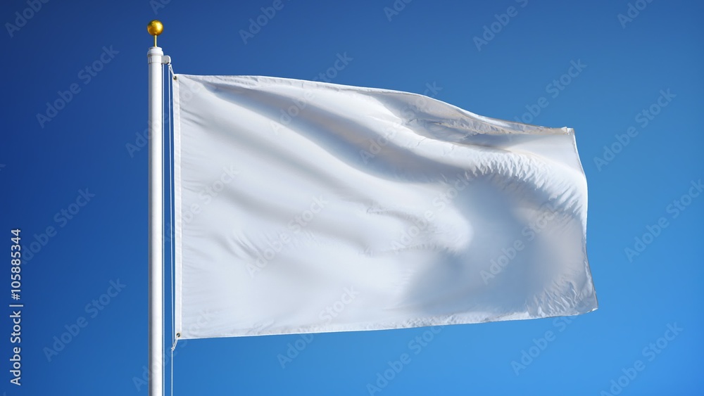 Empty white clear flag waving in slow motion against blue sky, seamlessly looped, close up, isolated on alpha channel with black and white luminance matte, perfect for film, news, digital composition