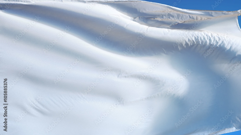 Empty white clear flag waving in slow motion against blue sky, seamlessly looped, close up, isolated on alpha channel with black and white luminance matte, perfect for film, news, digital composition