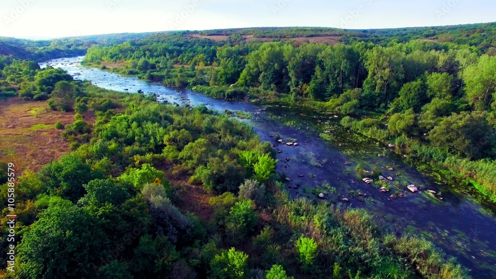 Aerial view of rapid river valley