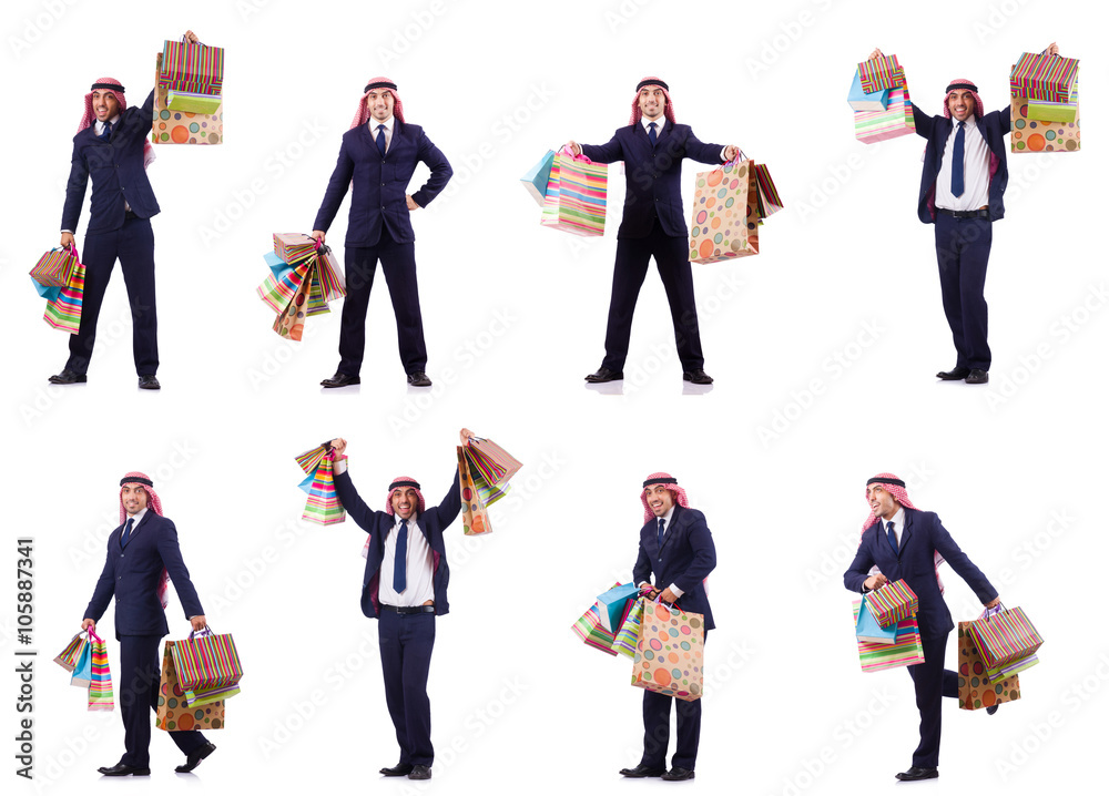 Obraz premium Arab man with shopping gifts on white