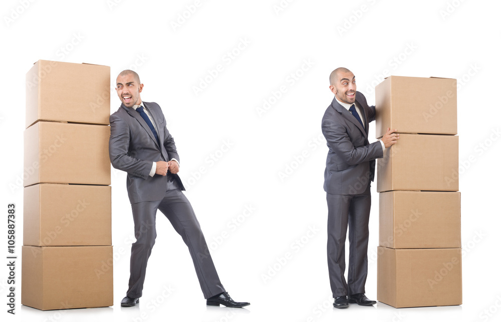 Collage of photos with man and boxes Collage of photos with man and boxes