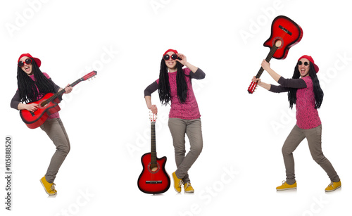 Hipste guitar player isolated on white photo