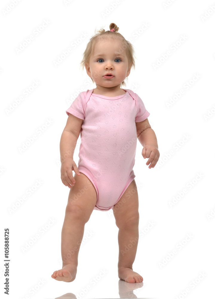 Child baby girl kid toddler in pink body cloth make first steps Child baby girl kid toddler in pink body cloth make first steps