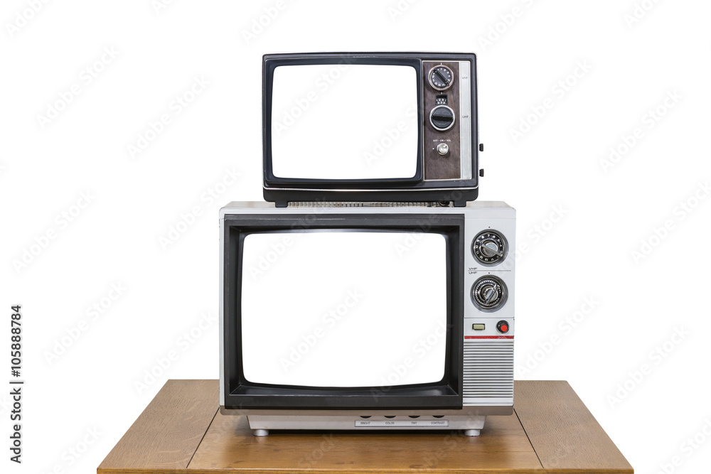 Vintage Television Stack Isolated on White with Cut Out Screens