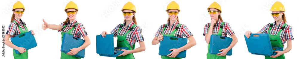 Woman in green coveralls isolated on white Woman in green coveralls isolated on white