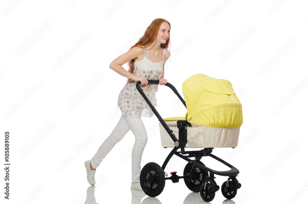 Woman with baby and pram isolated on white Woman with baby and pram isolated on white