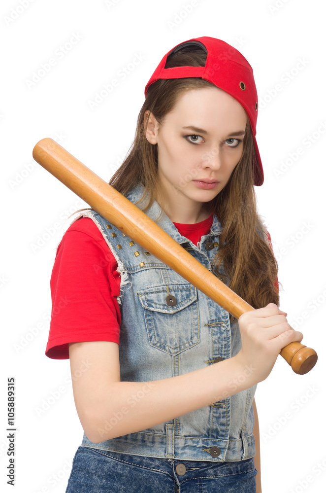 Pretty girl holding baseball bat isolated on white Pretty girl holding baseball bat isolated on white