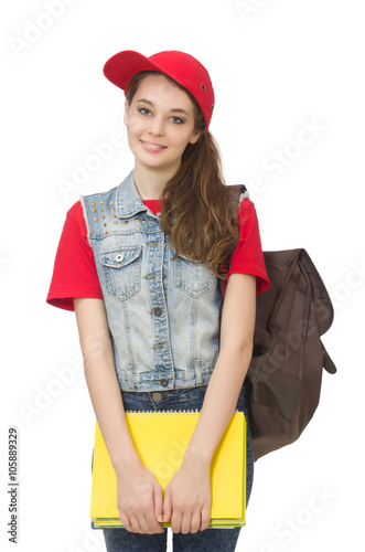 Student holding books isolated on white