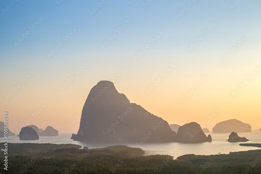 Phang nga, Sa-met-nang-she Viewpoint, Silhouette Mountain in Sea, Thailand, Sunrise Background