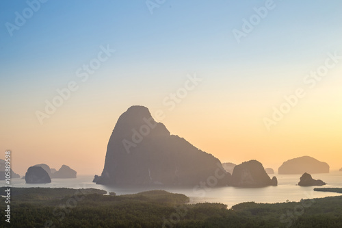 Phang nga, Sa-met-nang-she Viewpoint, Silhouette Mountain in Sea, Thailand, Sunrise Background