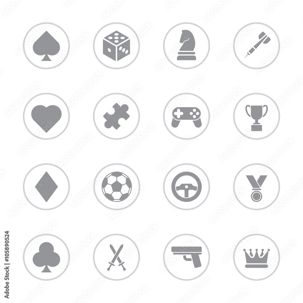 gray flat game icon set with circle frame for web design, user interface (UI), infographic and mobile application (apps)