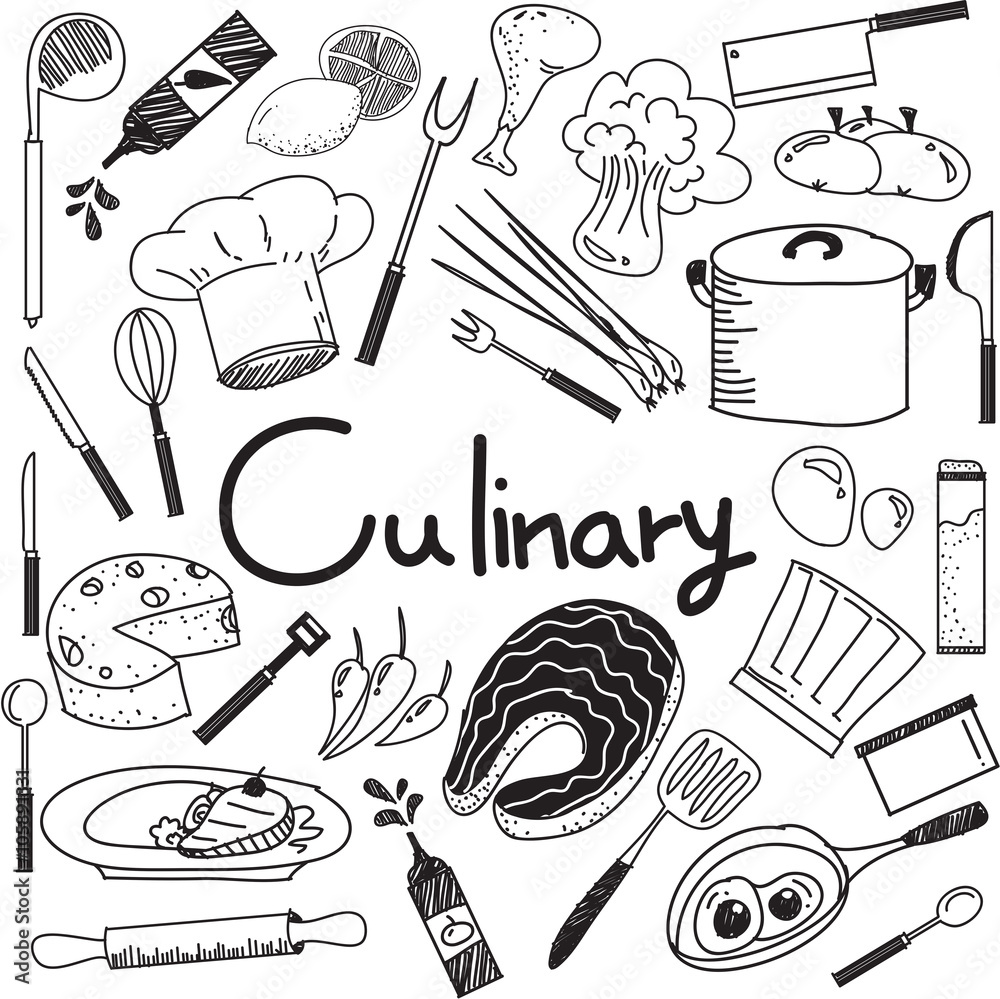 Culinary and cooking handwriting doodle of food ingredients and kitchen  tools icon in white isolated background paper for education presentation or  subject title, create by vector Stock Vector