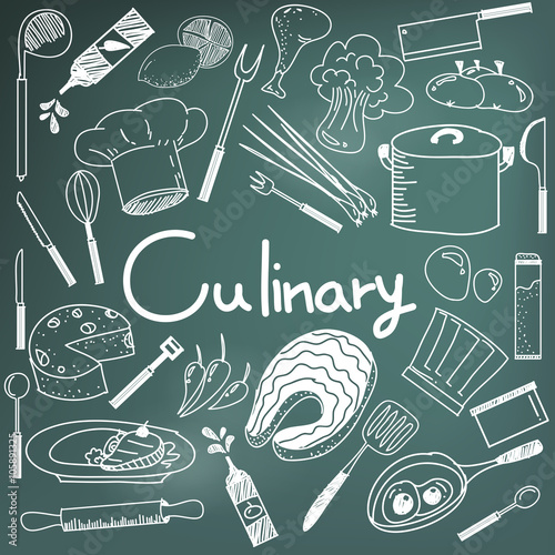 Culinary and cooking handwriting doodle of food ingredients and kitchen tools icon in blackboard background for education presentation or subject title, create by vector
