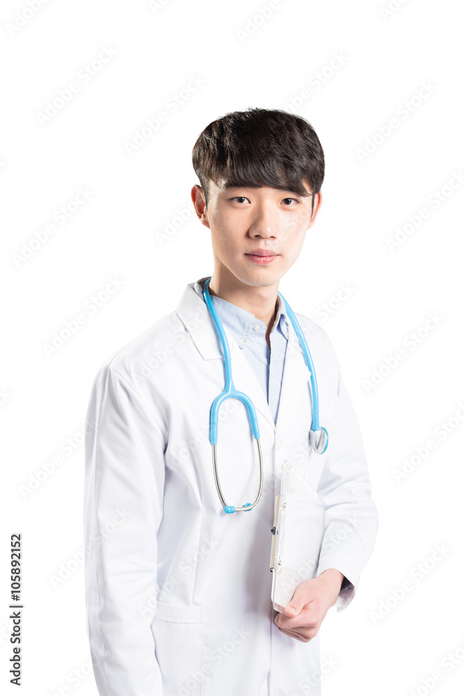 isolated young man doctor in white on white background