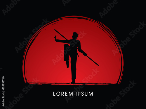 Kung Fu, Wushu with stick pose, designed on sunset or sunrise background graphic vector.
